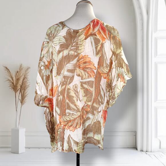 Chicos Gauzy Linen Poncho Size L/XL Orange Brown Floral Print Boho - Picture 2 of 10